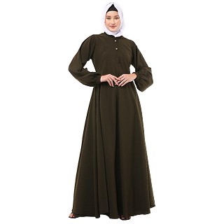 Umbrella cut abaya with Mandarin Collar- Olive Green